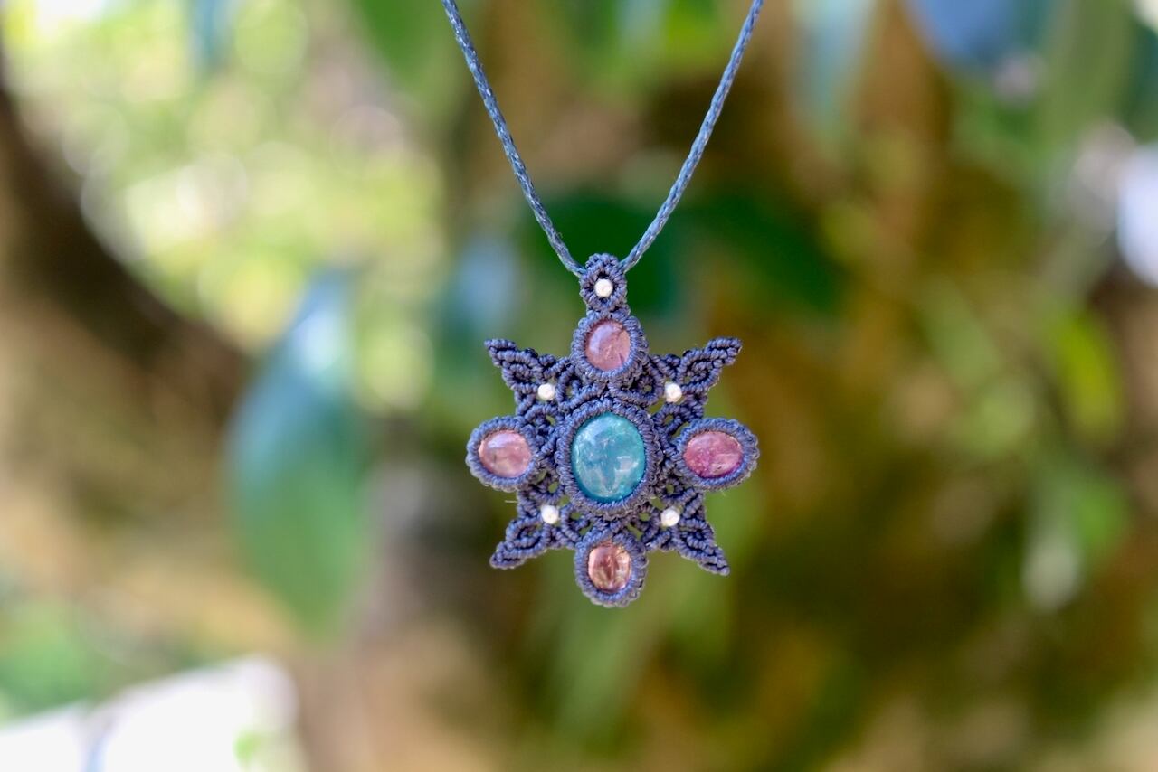 Blue Apatite & Pink Tourmaline micro macrame mandala pendant