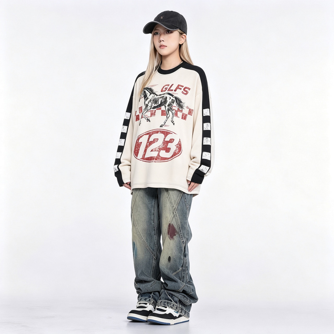 VINTAGE ストリート ホースグラフィック ワッフルロングTシャツ T2233