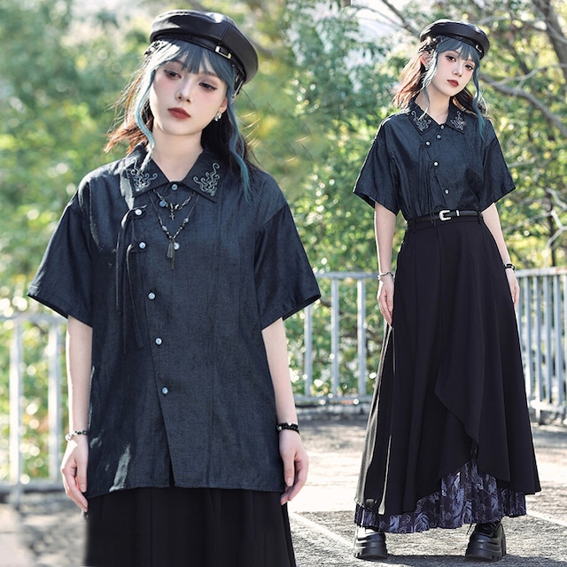 【古怪舍---浮光鰭夢シリーズ】★チャイナ風トップス★ 刺繍入り シャツ 半袖 着痩せ フリンジ ブラック 黒い
