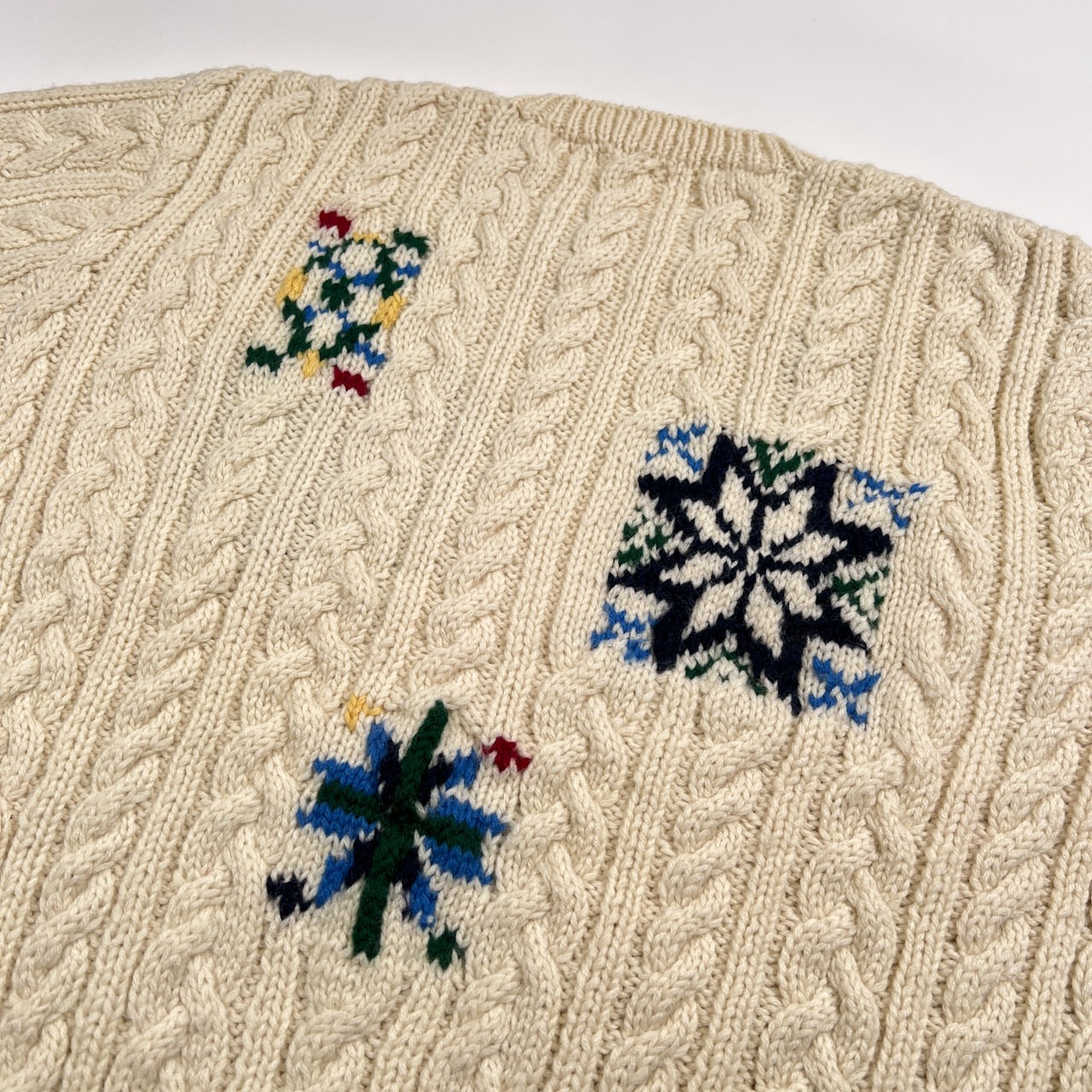 Papas パパス ノルディック ローゲージ ウールニットセーター /アイボリー系/ケーブル編み/フィッシャーマン風