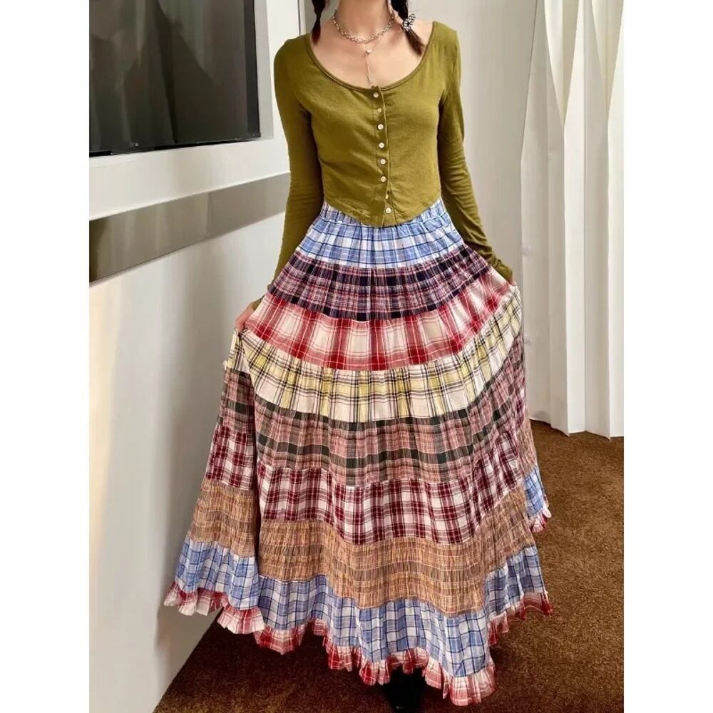 女性のためのカラフルな市松模様のパッチワークスカート,ヴィンテージ