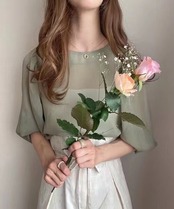 シアー パフスリーブ ロングスリーブ ブラウス 　全7色　 00072