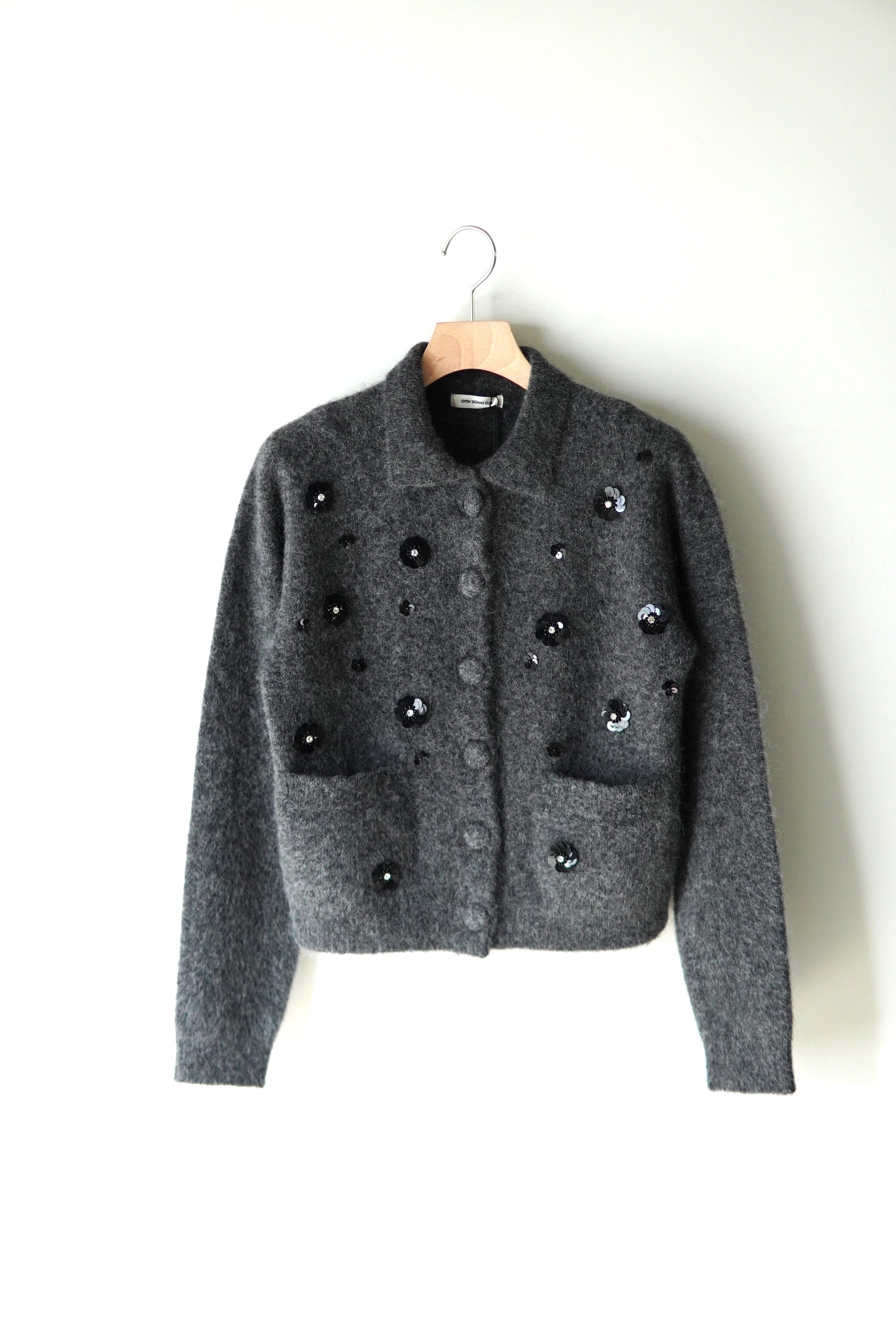OPEN SESAME CLUB / Sequin Flower Knit Jacket / GRAY