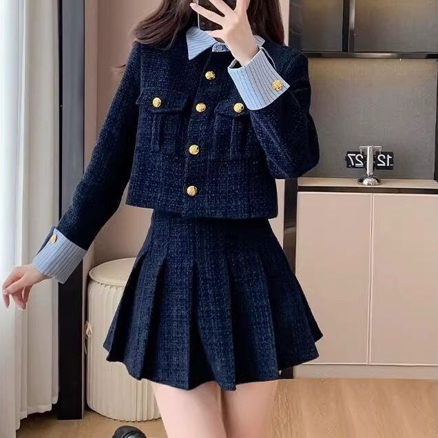 セットアップ 上下セット ツイード調 ショートジャケット プリーツ