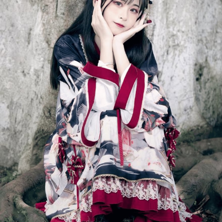 即納 黒Sサイズ】和ロリ 鶴と扇の和柄 ロリータ 着物風 JSK+羽織 豪華
