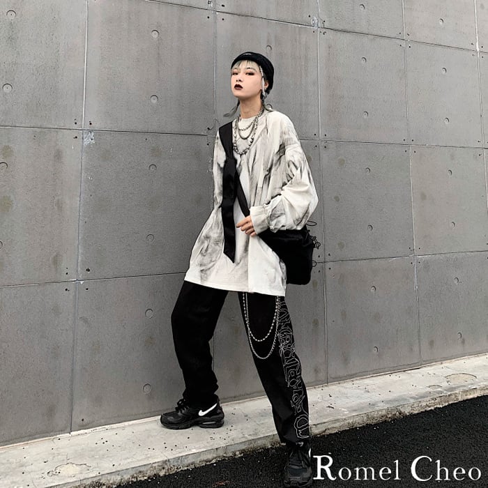 RomelCheo ハイ ストリート モノクロ グラデーション ロンT ロング Tシャツ 長袖 ストリート系 原宿系 ファッション メンズ レディース  ユニセックス ビッグシルエット b系 ボード系 ロメルチェオ romelcheo