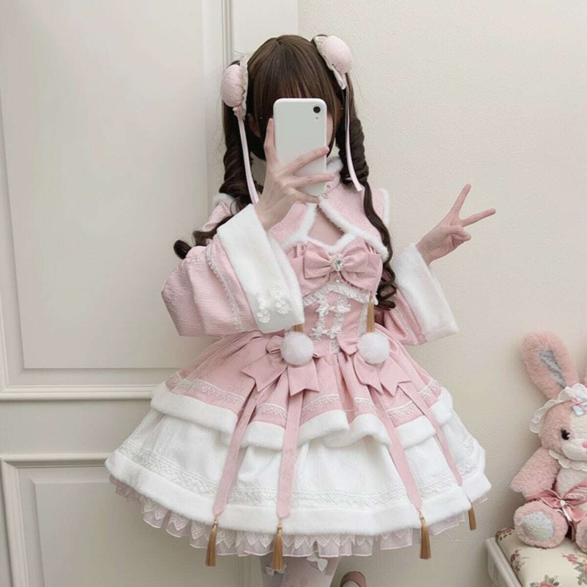 【中華ロリィタ】冬ロリータ クリスマス風フルセットアップ|ケープ付き豪華ジャンパースカート(レッド/ピンク/ブルー)甘ロリ・量産型・地雷系冬コーデ