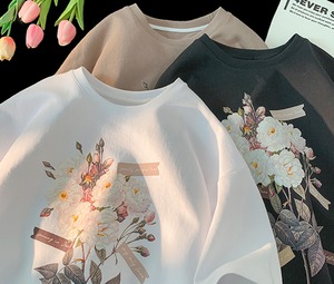 【韓国ファッション】レトロフラワープリント 半袖 Tシャツ