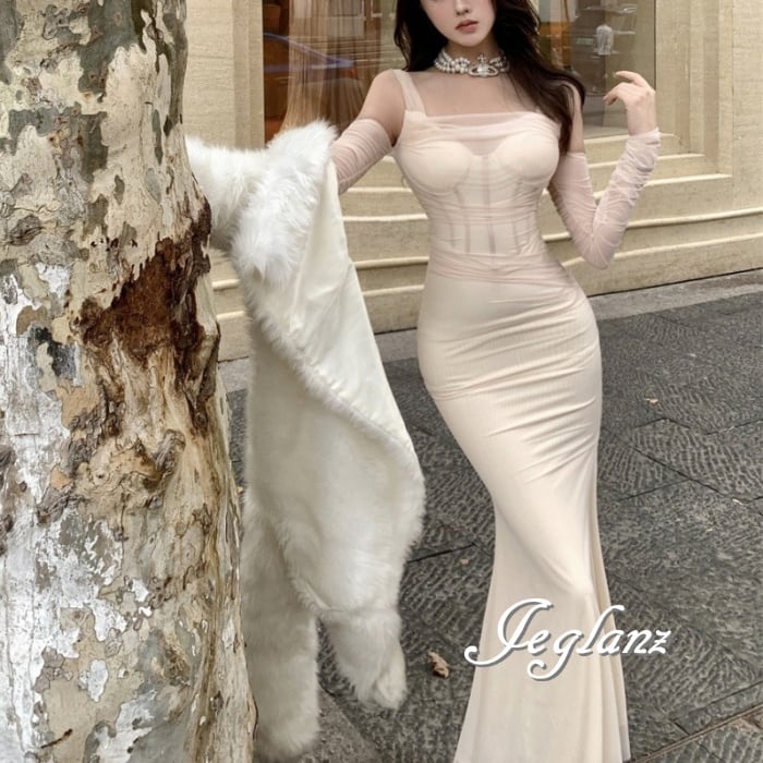 パーティ ドレス 袖なし ワンピース 切替 チュール マーメイド ライン ( M5527)ζ