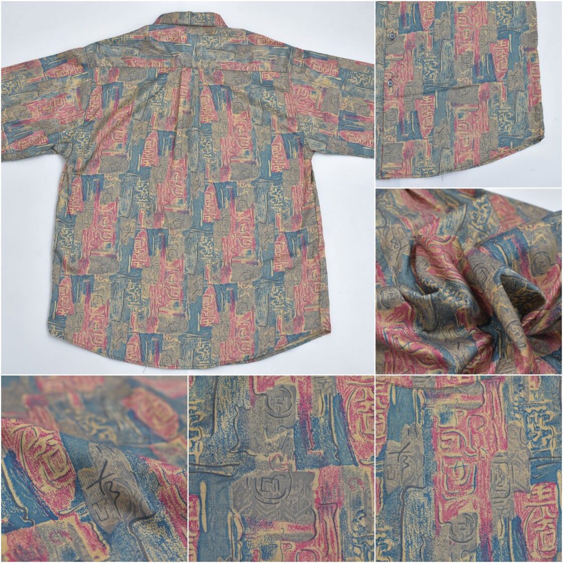 80～90s THAI SILK by APPLE 幾何学模様 総柄 シルクシャツ 