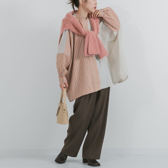 秋色✨プリーツプリーズ バイカラーシャツ はおり 長袖 大きいサイズ XL シャツ レディース トップス バイカラーシャツ ストライプ柄 秋