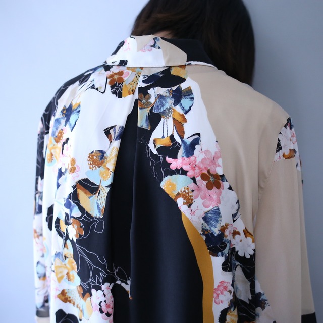 '"和" motif special flower art pattern fly-front see-through shirt