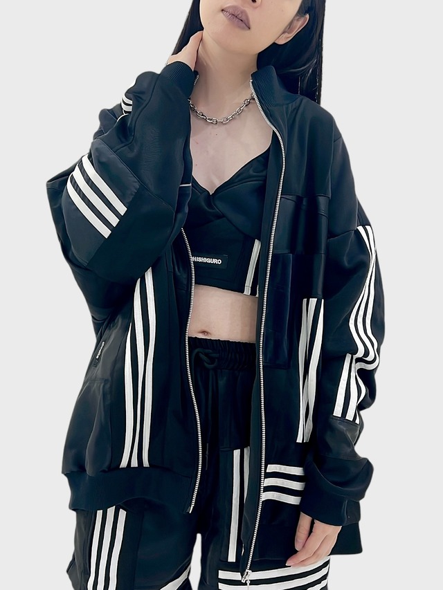 KOH ISHIGURO Upcycled Crazy Patchwork Track Jaket -BLACK- Woman model