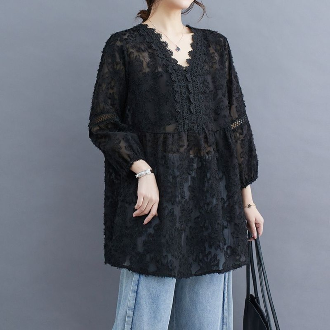 レース 花柄刺繍 Vネック トップス  30073