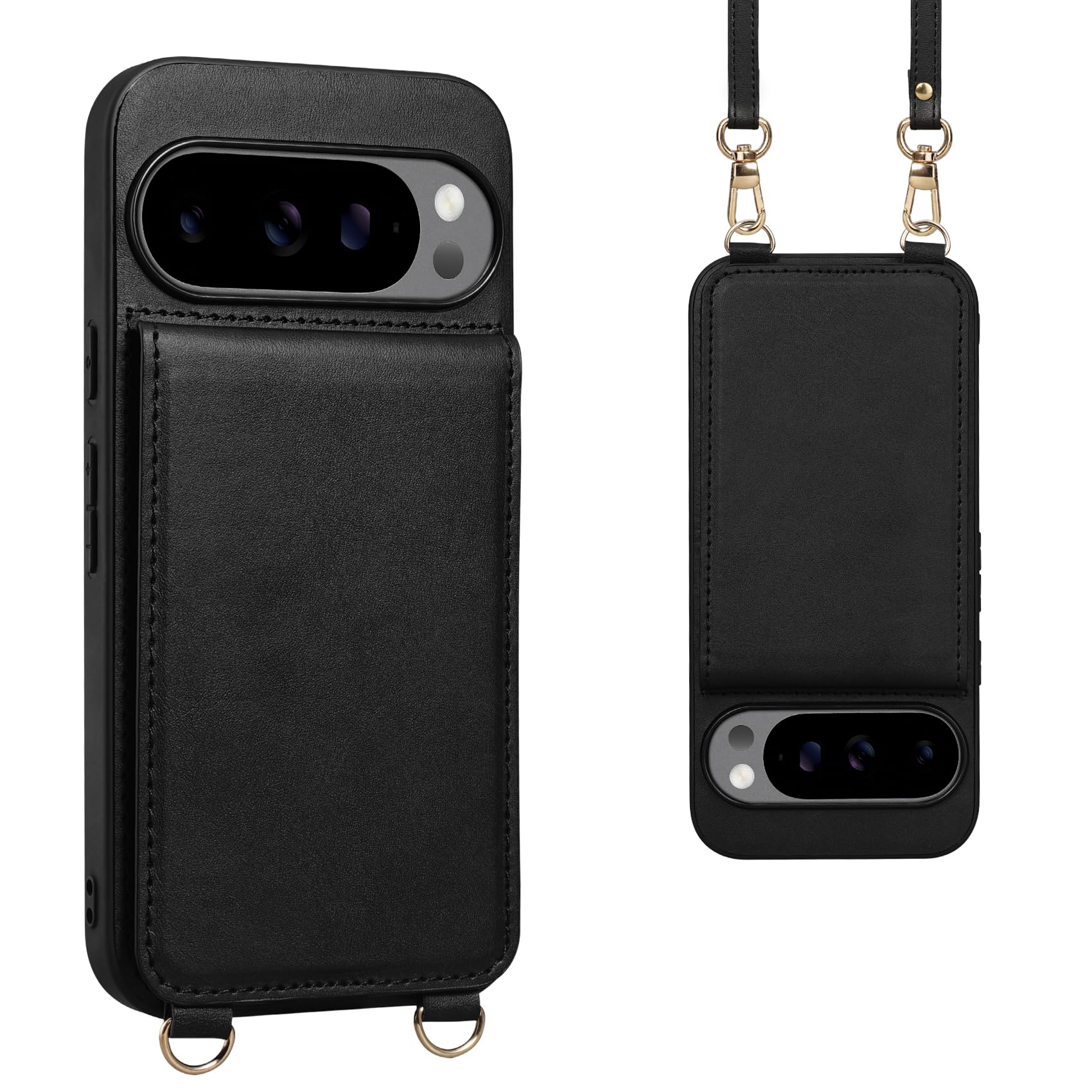 Shlybaay Pixel 11 用 背面 手帳型ケース ショルダーストラップ カード収納 スマホケース ブラック