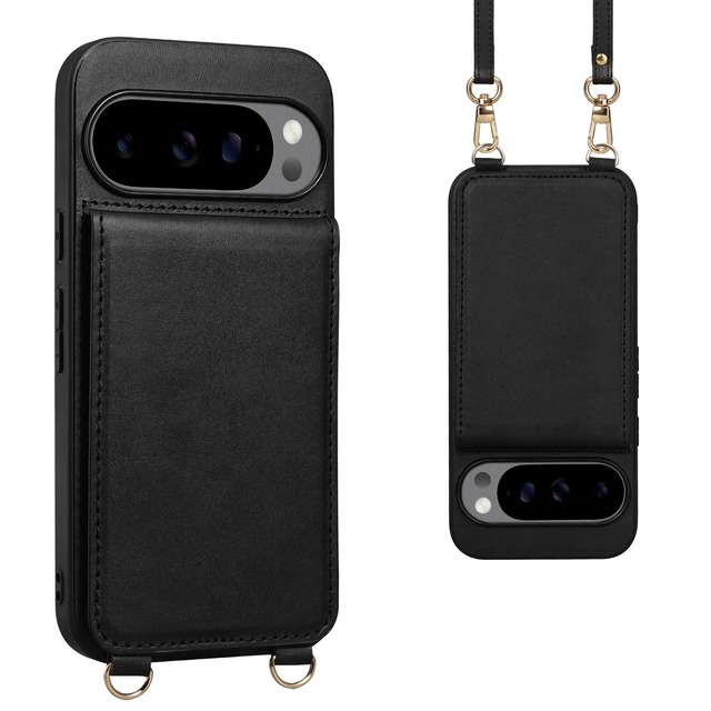 Shlybaay Pixel 11 用 背面 手帳型ケース ショルダーストラップ カード収納 スマホケース ブラック