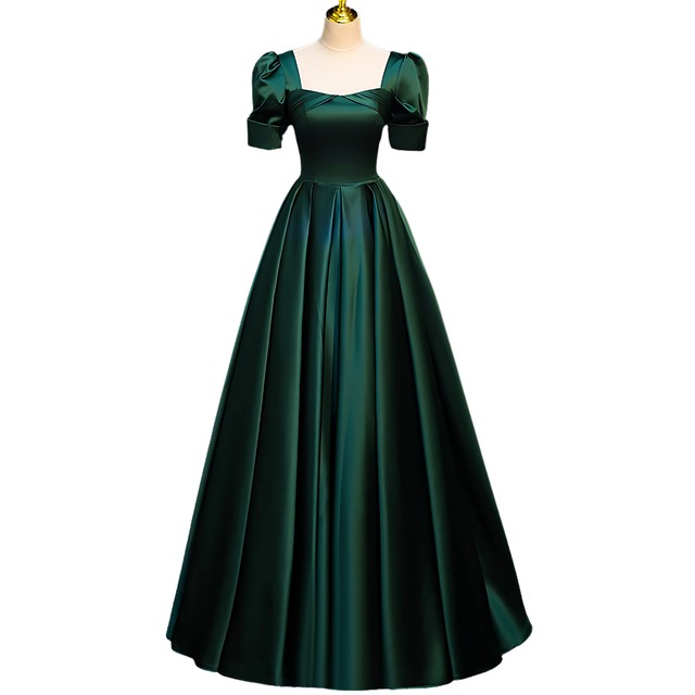 スクエアネック パフスリーブ グリーンドレスR 1539