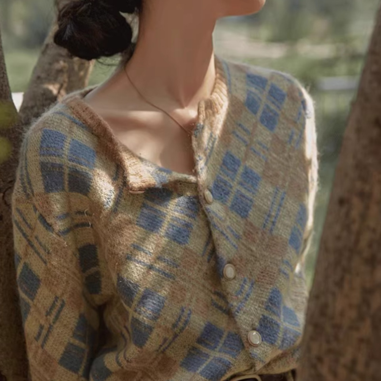 ラウンドネックアーガイルチェック柄カーディガン W00769
