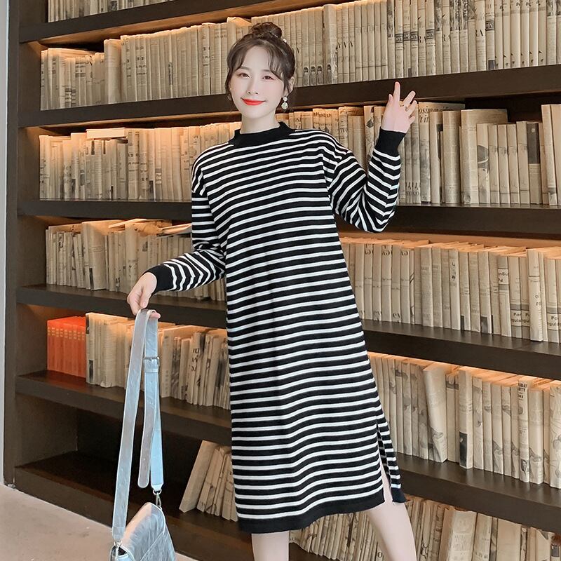 【新作】【送料無料】 マタニティウェア2019秋冬バージョン新しいファッションストライプミドル丈プラスサイズニットルーズマタニティドレス-アリババ 大きめサイズ オータム 秋物 ウィンター 冬物 expec279764305886