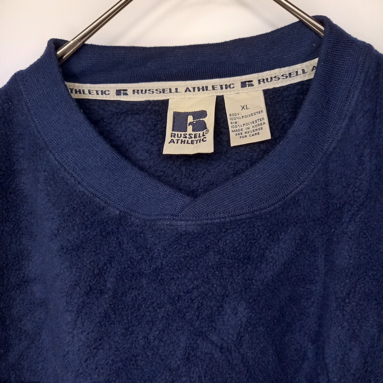 90s　ラッセル　Vネック　フリース　プルオーバー　トレーナー　無地　ネイビー　XL