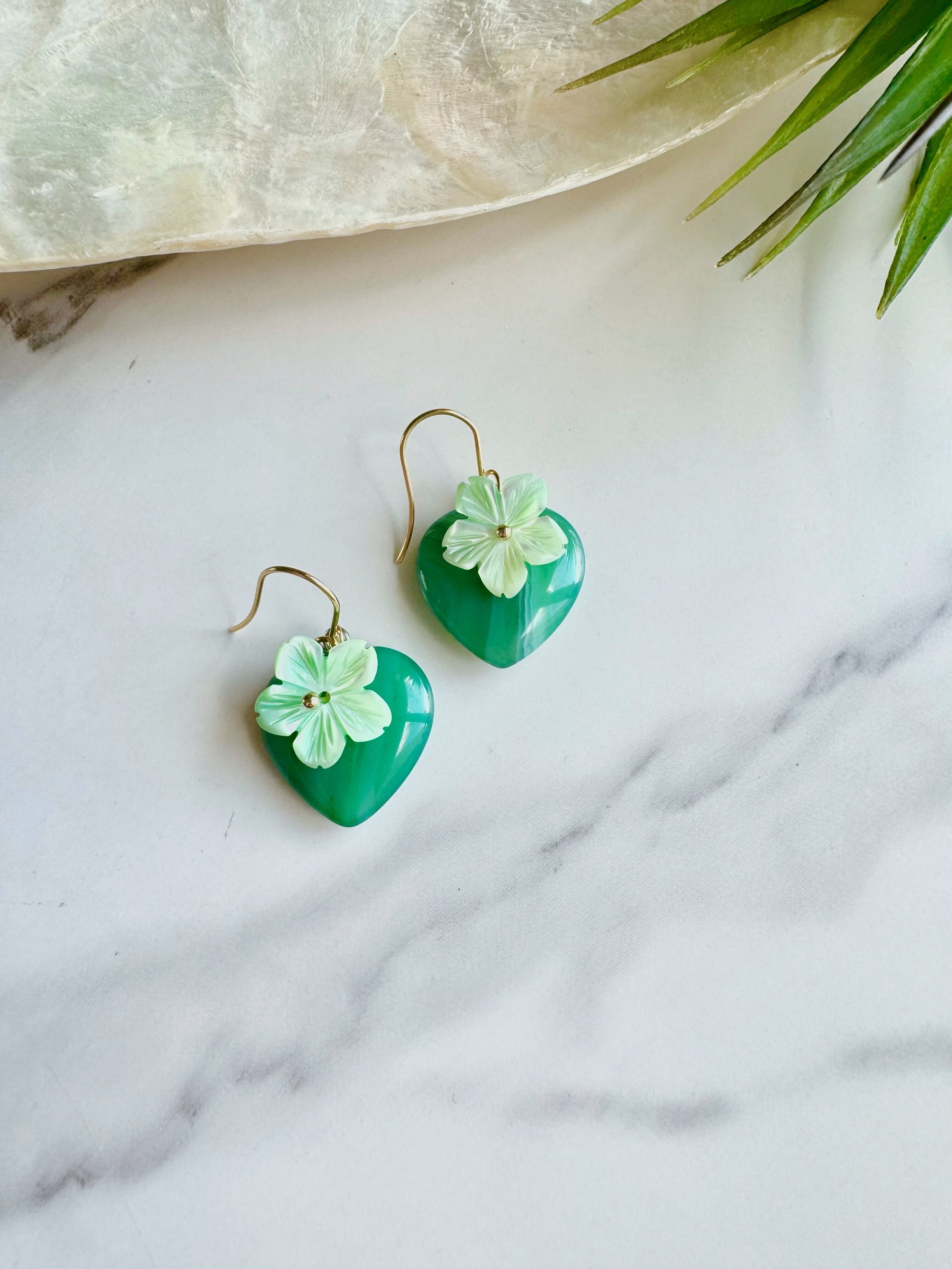 Heart Green Agate×Plumeria earring(ハートグリーンアゲート瑪瑙  