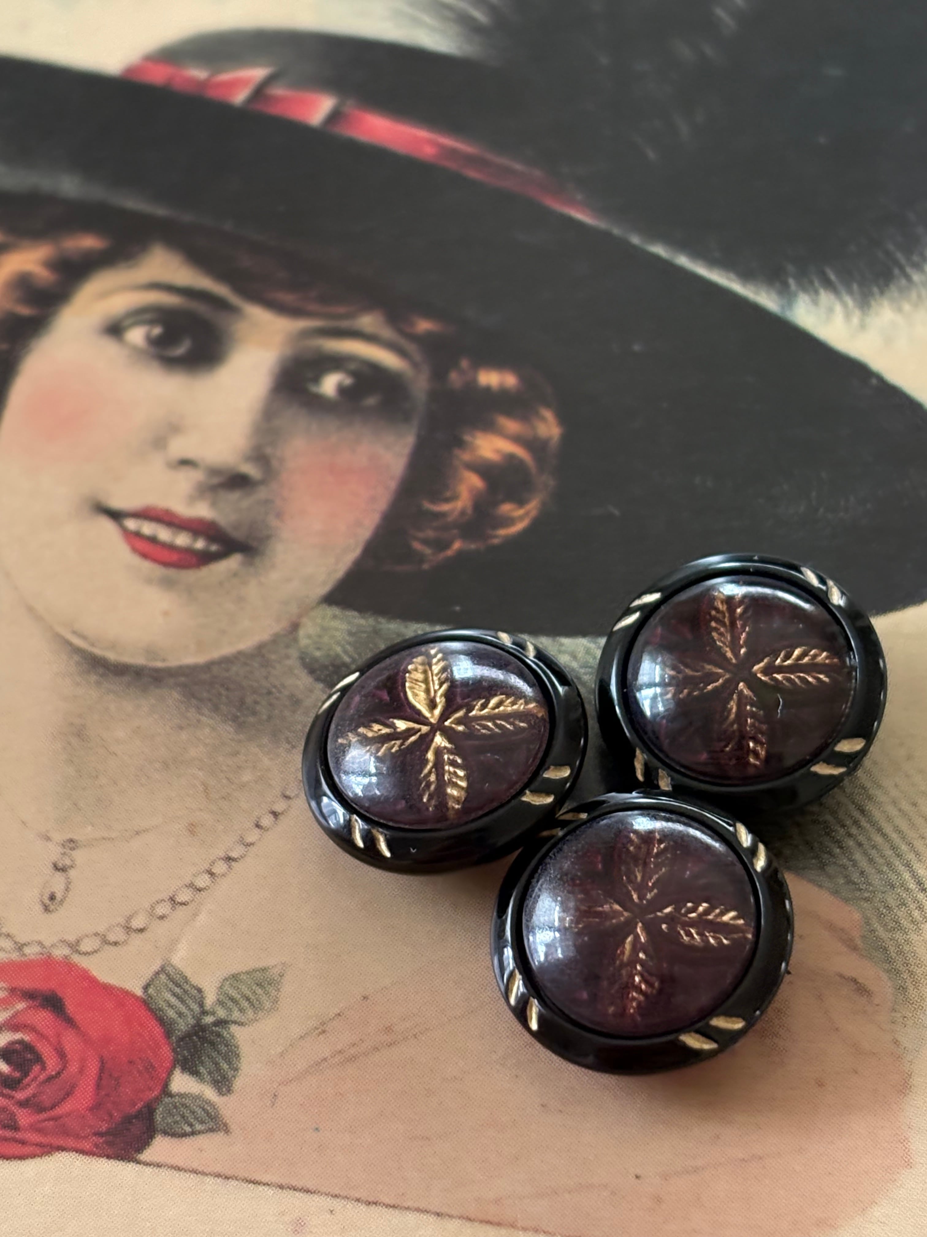 15mm Japanese ヴィンテージボタン ブラック×ゴールド リーフ クロス レトロ アクセサリーパーツ 装飾材