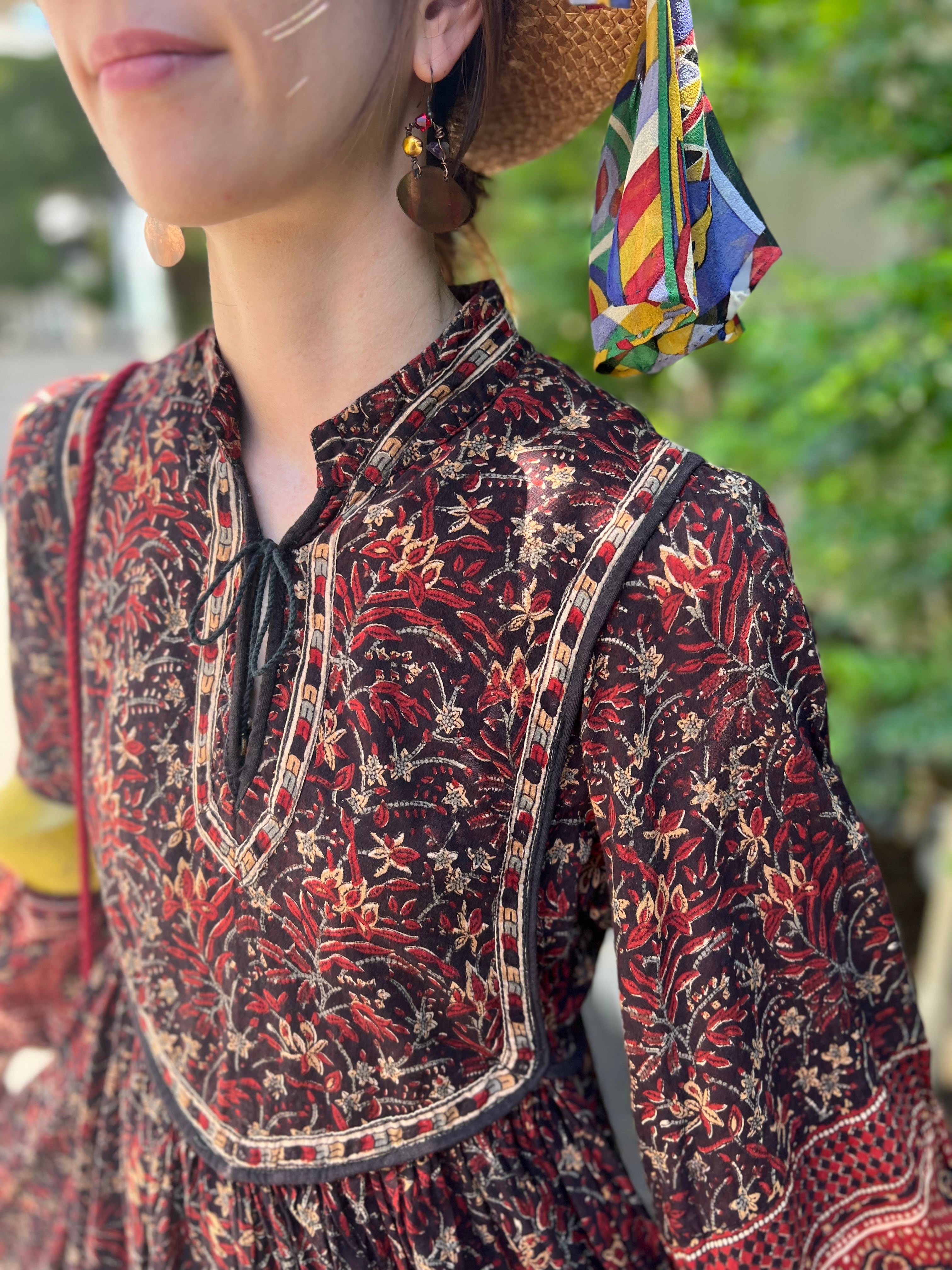 70s indian cotton brown dress ( ヴィンテージ インドコットン