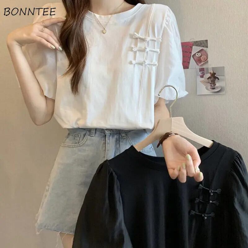 【新作】【送料無料】 L-5XL Tシャツ女性シンプルデイリーレトロオールマッチ快適な韓国スタイルパフスリーブストリートレジャー夏人気ボタン 0276648349142