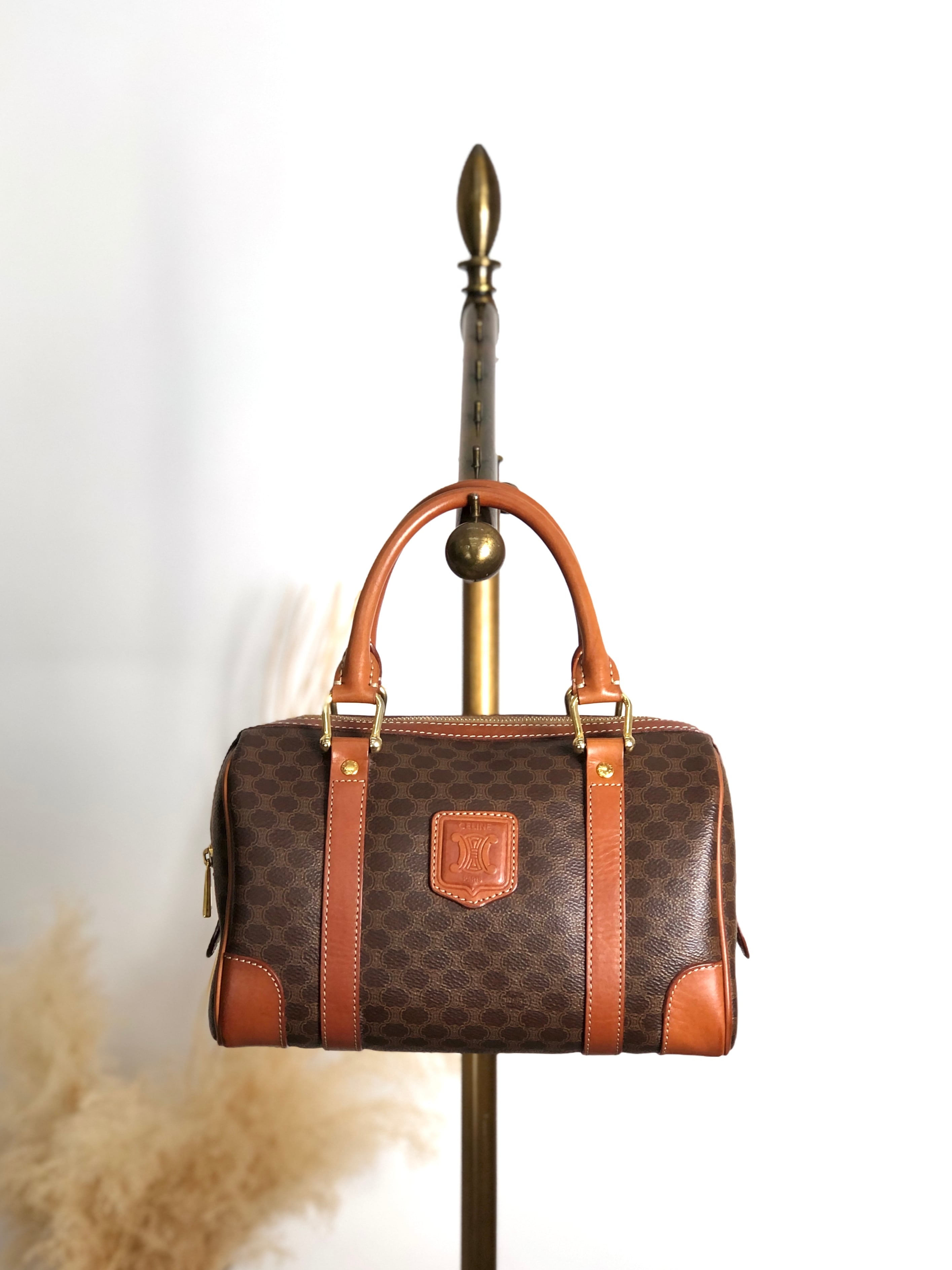 CELINE セリーヌ マカダム ハンドバッグ ブラウン ブラゾン型押し PVC レザー ボストン vintage ヴィンテージ オールド sh72vd
