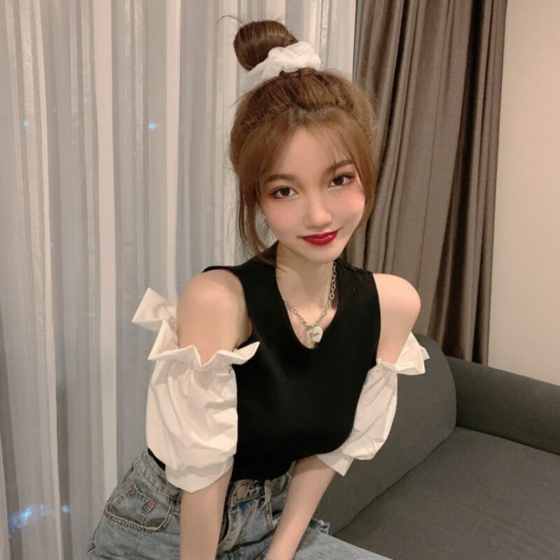 半袖2020夏新しい白いパフスリーブステッチネット赤いTシャツ女性insスーパーファイヤースリムオフショルダートップ 1号婦人55576297141