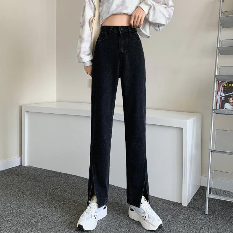 スプリングオータムブラックジーンズ ルーズウェストワイドレッグパンツ 春物 秋物 ワイドパンツ 試着室52280158394