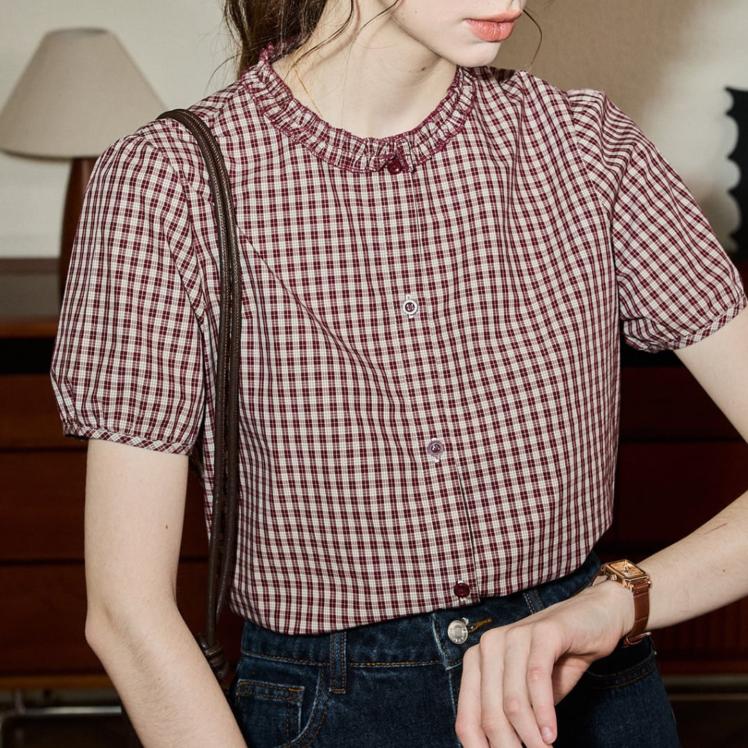 ruffle neck checked blouse