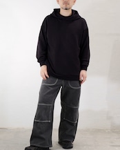kujaku - wool jersey hoodie K400 ：Black｜ウール裏毛／ドロップショルダー／立体フード（ドローコードなし）