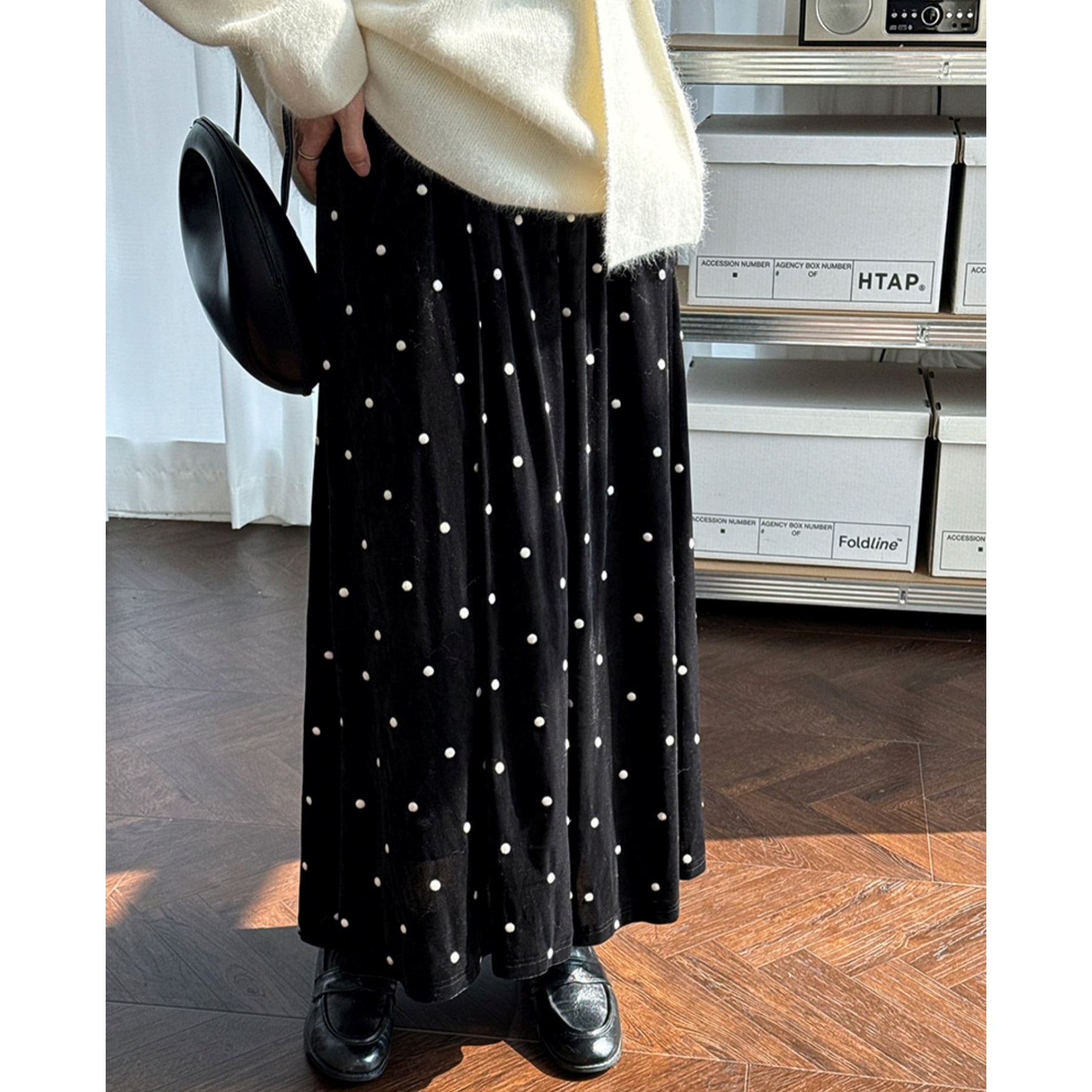 dot drape long skirt j-0209