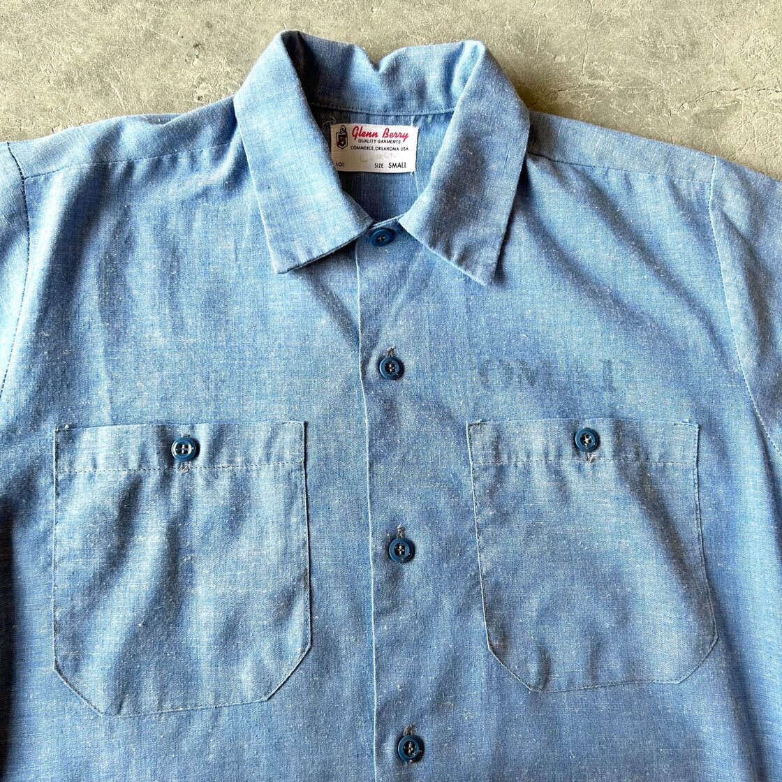 60s GLENN BERRY Stencil Chambray S/S Shirt S / US NAVY タイプ