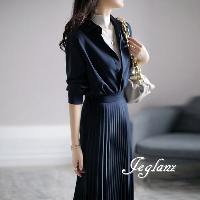 シャツ ワンピース 切替 プリーツ 細見え きれいめ カジュアル派(M6068)β