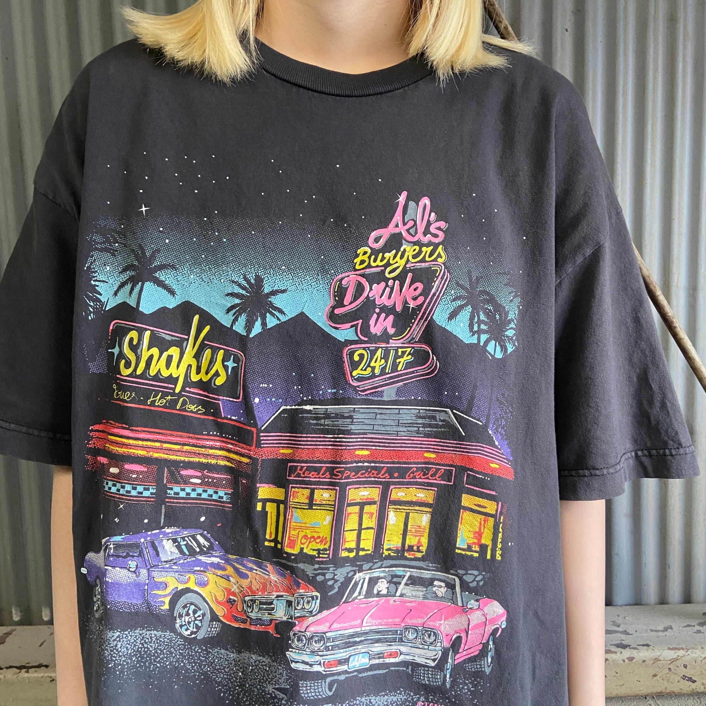 USA 80s USA製 ショート丈 袖切替え ネオンカラーTシャツ M~L