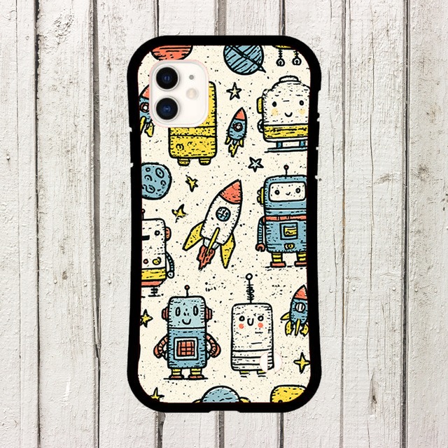 受注生産 iPhoneケース カラフルロボットの宇宙パターン｜レトロ宇宙 RFSP047A
