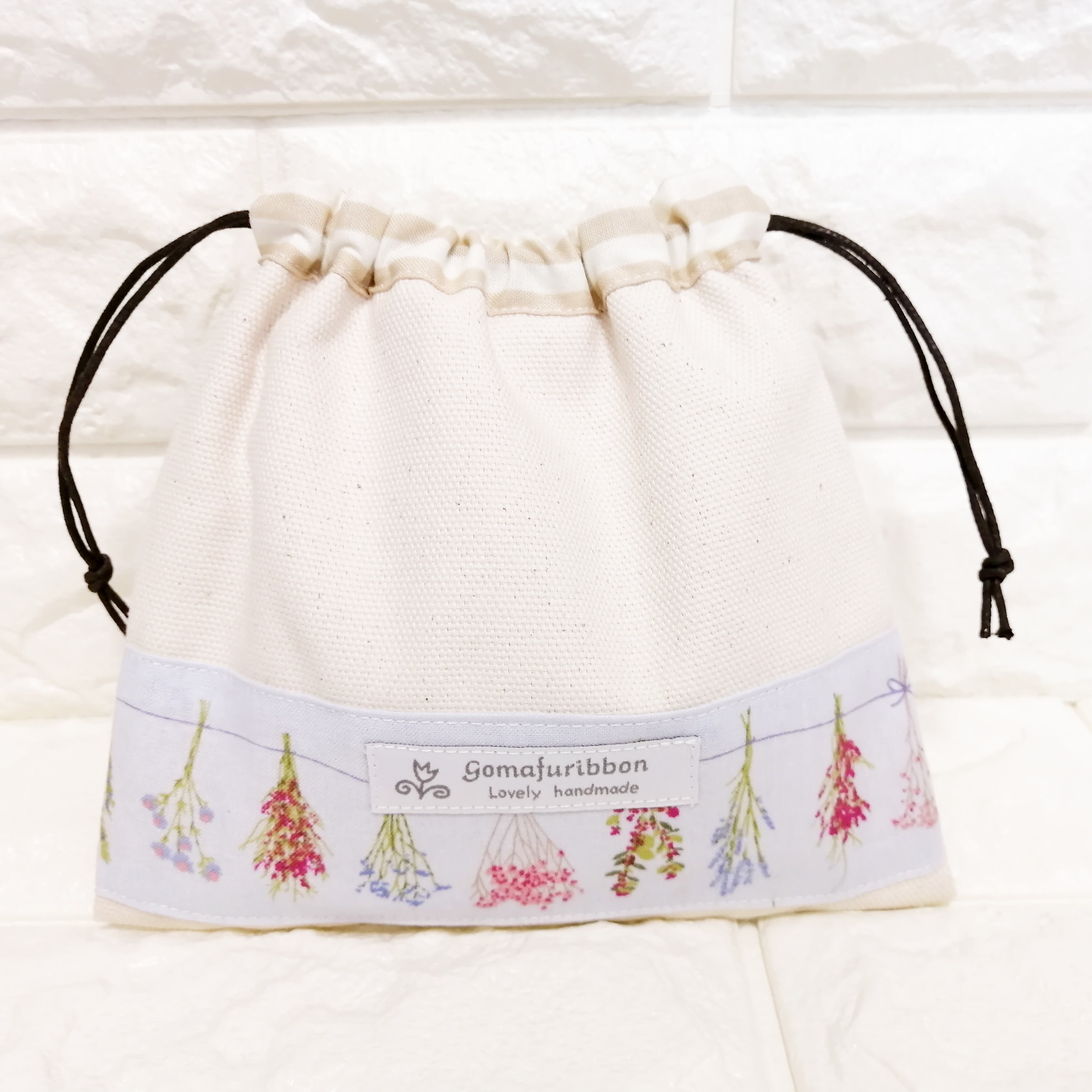 帆布の巾着 スワッグ柄 ベージュストライプ