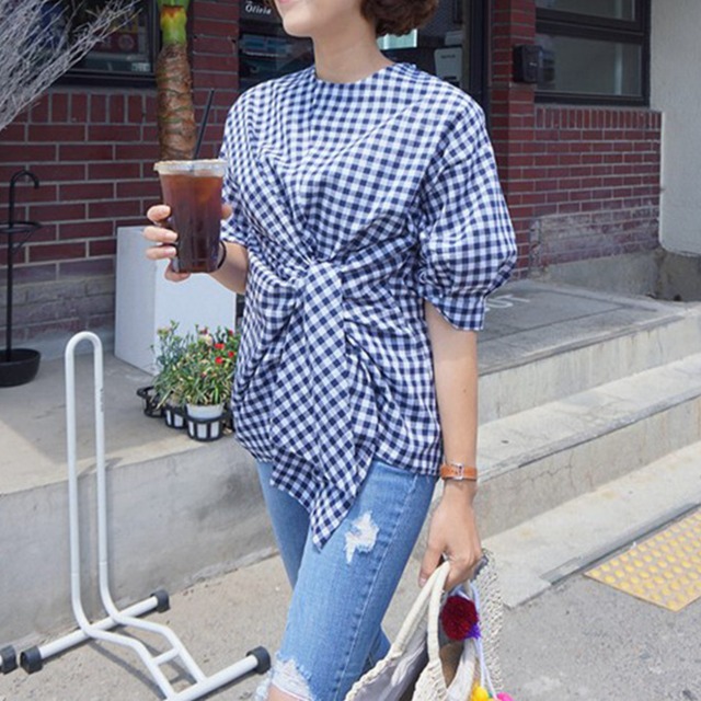 リボン付き ギンガムチェック柄 七分袖 ブラウス 　全2色　 00077