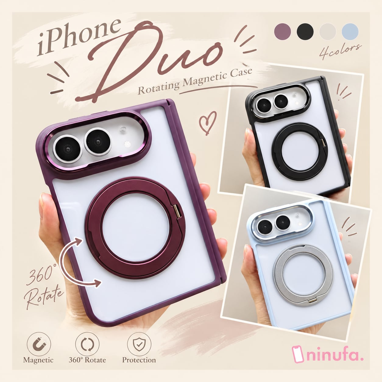 送料無料【iPhone Duo】くるっと回転スタンド付き クリアケース|MagSafe対応・カラーフレーム 全4色 ND-16783