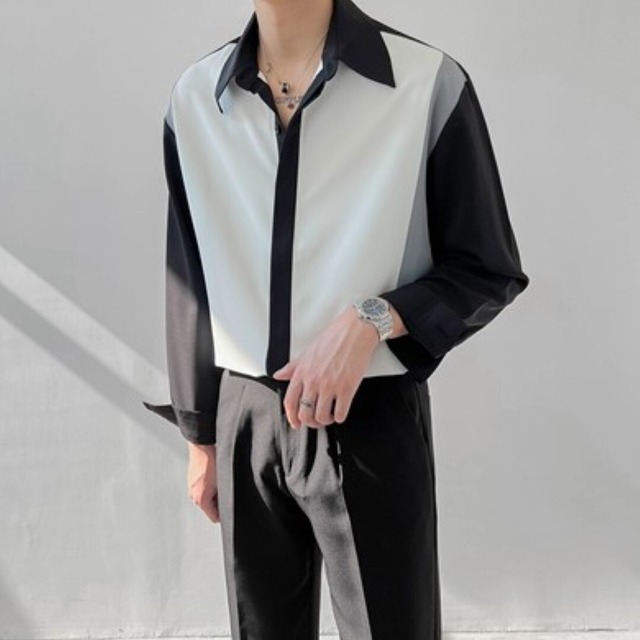 韓国風　コントラストカラー　長袖シャツ　２カラー　A2044