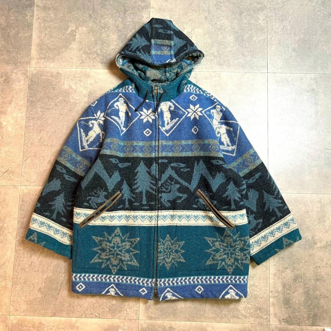 80's～90's Made In Portugal L.L.Bean Nordic Pattern Hooded Wool Coat In BLUE  M / 80s-90s ポルトガル製 エルエルビーン ウールラグコート ブルー M ノルディック柄 ダッフルコート フード付きコート ダブルZIP