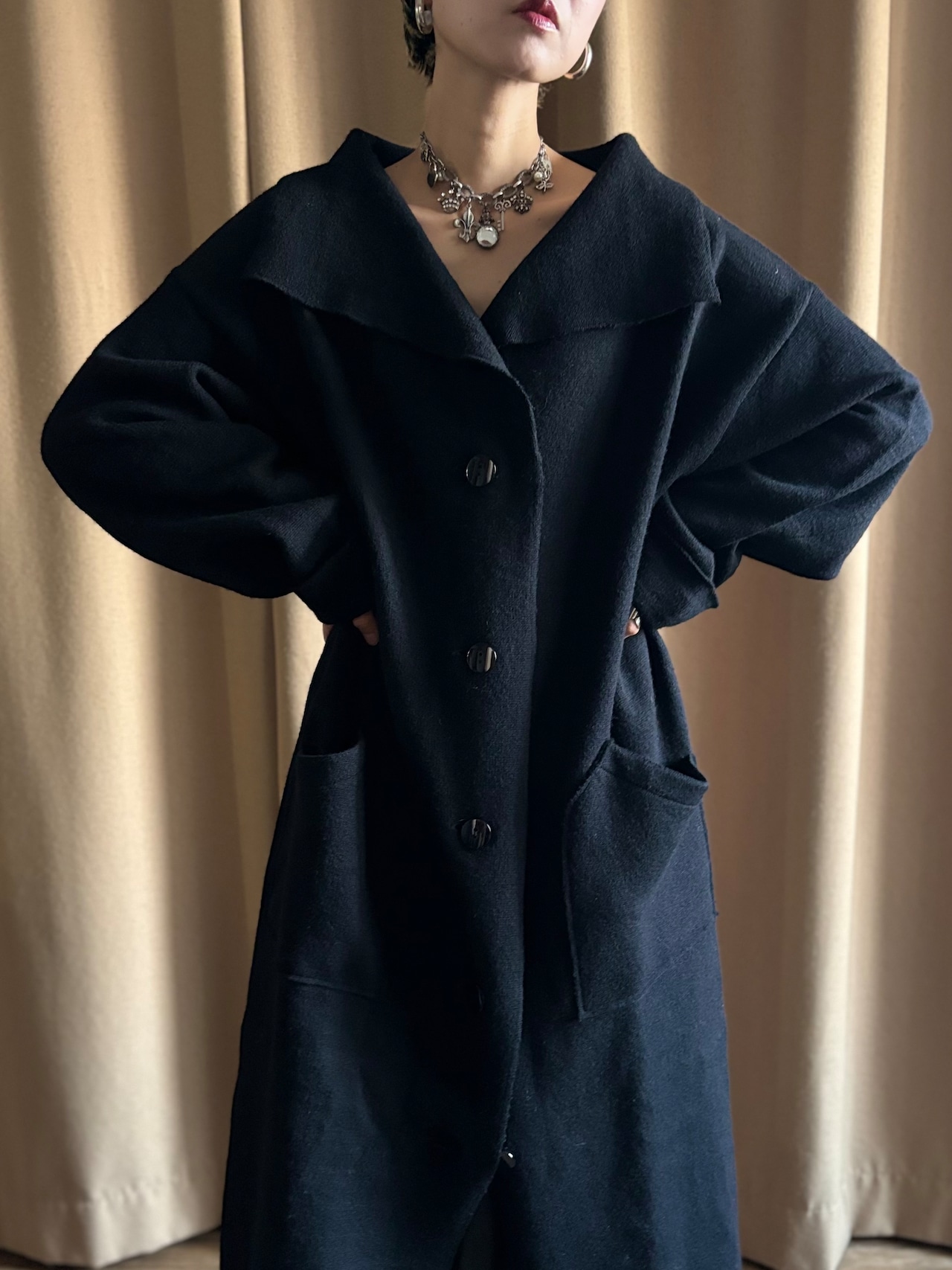 mode black big collar wool knit coat-5089-12