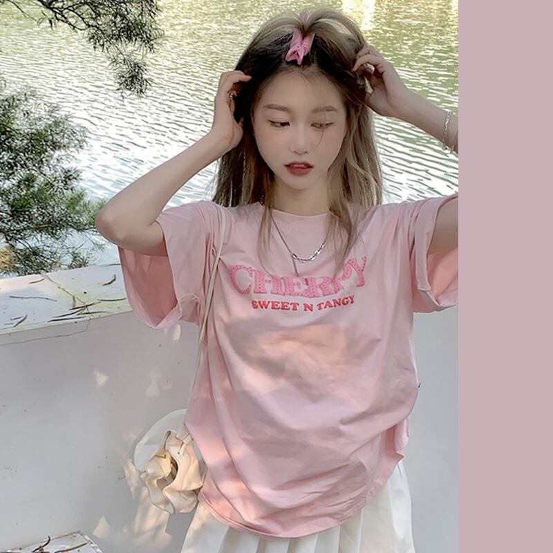 Tシャツレディース夏服ルーズNEW ピンク 大人ガーリー スウィート