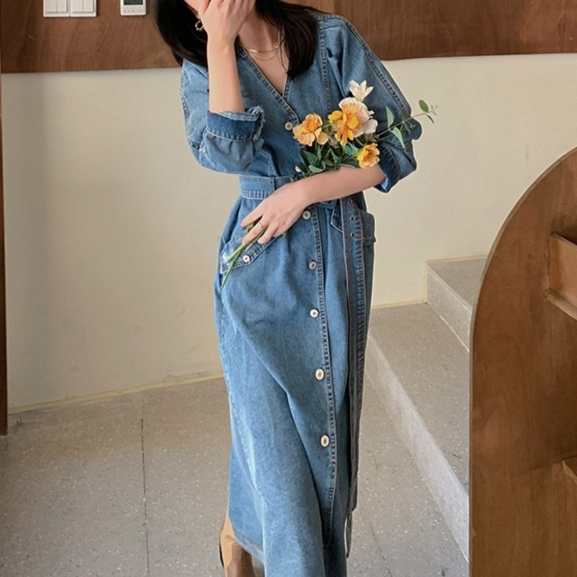 ボタンフロントベルト付きウェストマークシャツワンピース 00146