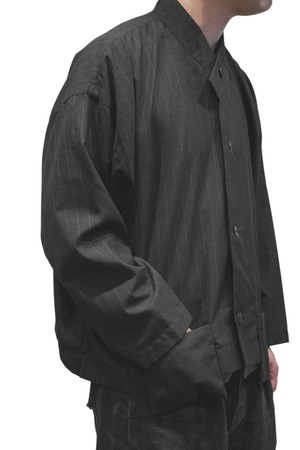 90's "SHIRIN GUILD" Chalk-Stripe Pattern Wool Asymmetric Collar Jacket