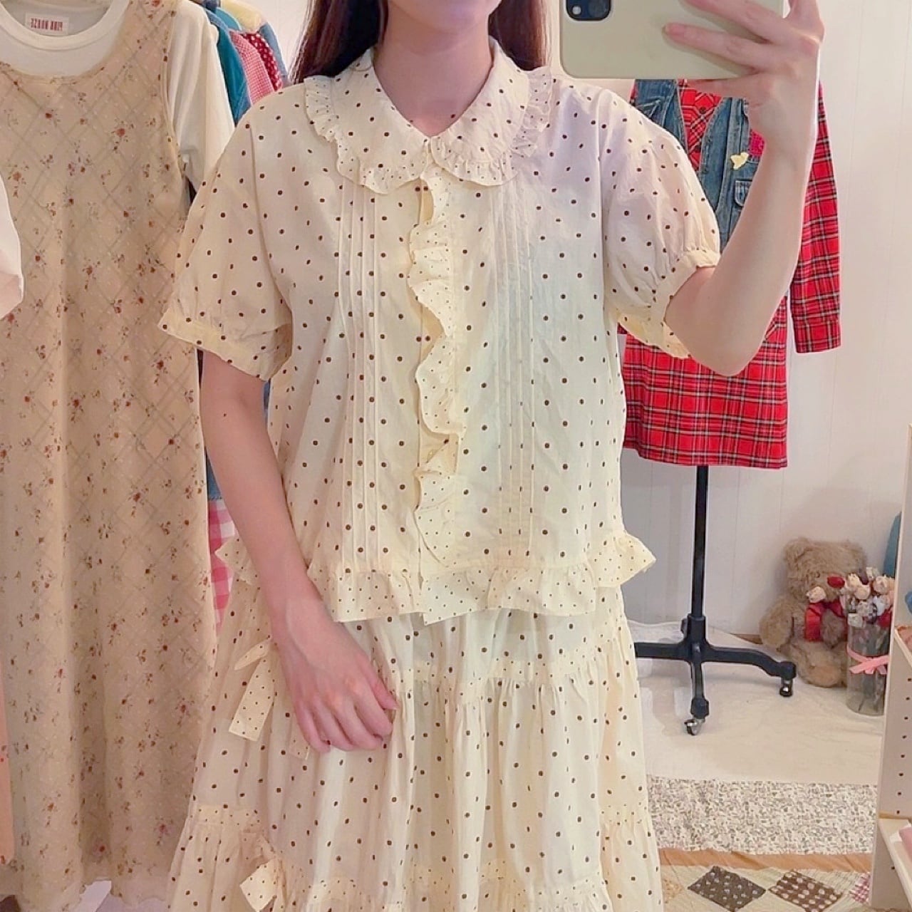 cream brown dot blouse & skirt set up