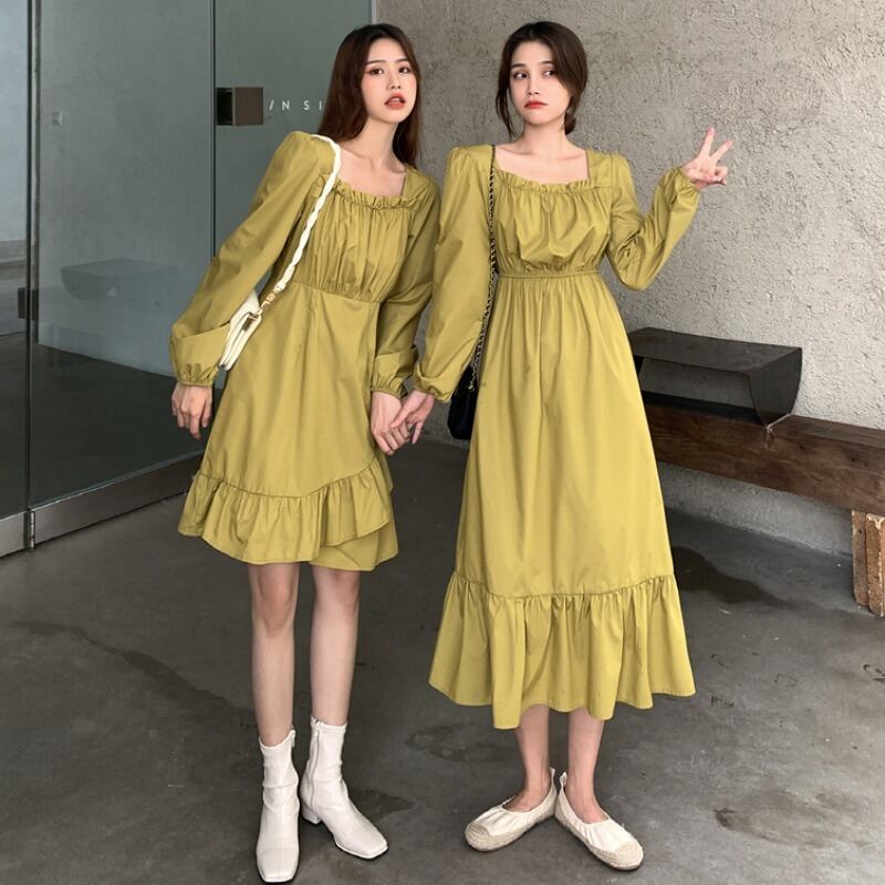 ドレス スプリングオータムスタンダードウェストカラーAラインブラックスカート ロング レトロ 春物 秋物 スクウェア 1号婦人13043489486