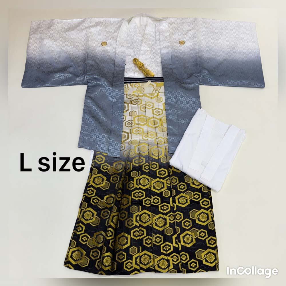 紋付袴 6点セット 着物 羽織 袴 長襦袢 羽織紐 角帯 裄71cm 袴丈89cm L 白 グレー 五つ紋 中古 4484